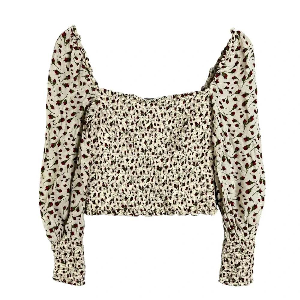 Reformation pinto rose print top Marion Square Neck Puff Sleeve Crop smocked M